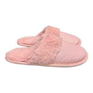 Slippers Girls Size M 1-2 Pink Faux Fur Mule Glitter House Shoes Cozy Indoor